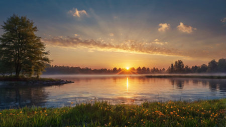 Sunset over the lake. Beautiful summer landscape. Panoramic view.の写真素材