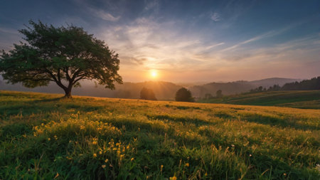 Sunset in the mountains. Beautiful landscape with trees and meadows.の写真素材