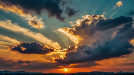 Beautiful sunset with clouds and sun rays. Colorful sky.の写真素材
