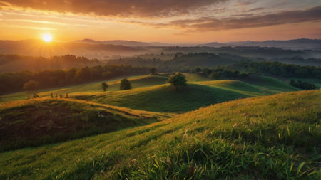 Beautiful summer landscape in the mountains. Sunrise over the hills.の写真素材