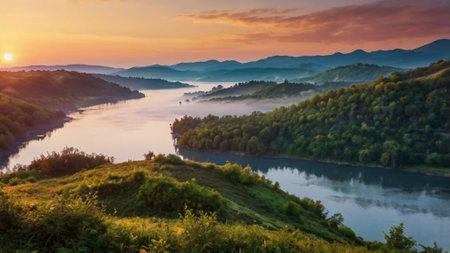 Foggy sunrise over the river and mountains in the background.