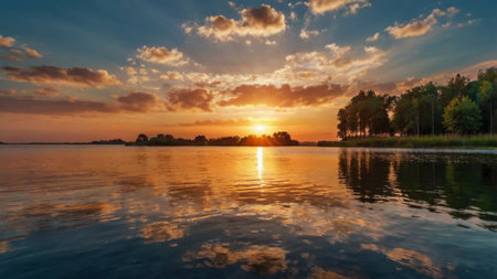 Sunset over the lake. Beautiful summer landscape with sunset on the lake.の写真素材