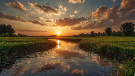 Sunset over rice fields in the countryside of Jutland, Denmarkの写真素材