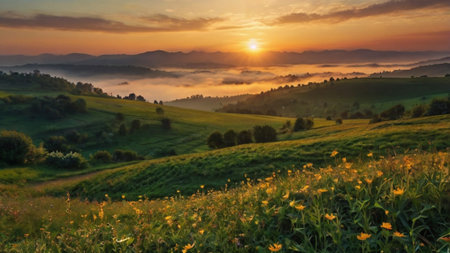 Panoramic view of meadow with yellow flowers at sunset.の写真素材