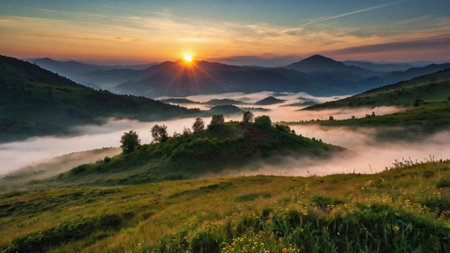 Beautiful sunrise in the Carpathian mountains. Ukraine, Europe.の写真素材