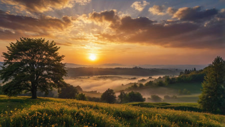 Sunrise over foggy meadow in the countryside in summer.の写真素材