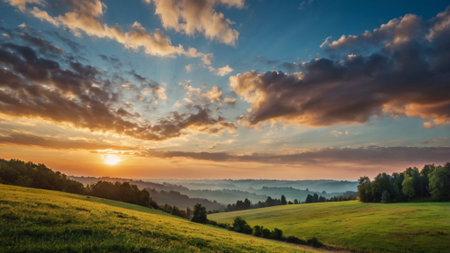 Landscape with green meadow and forest in the background at sunsetの写真素材