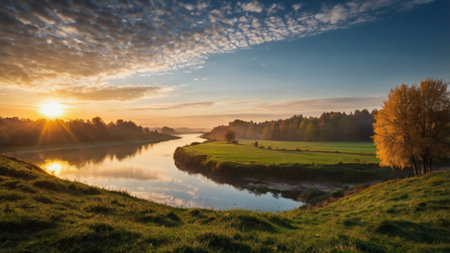 Sunset over the river. Panoramic view of the river.の写真素材