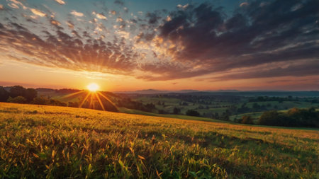 Sunset over the field. Beautiful summer landscape. Panoramic view.の写真素材
