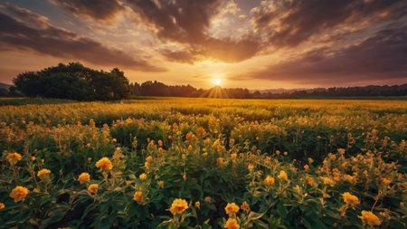 Sunset over sunflowers field. Beautiful summer landscape with sunflowers.の写真素材