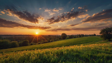 Sunset over green meadow and forest in summer, panoramaの写真素材