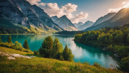 Panoramic view of beautiful alpine lake. Location place Dolomites, South Tyrol, Italy, Europe. Artistic style post processed photo. Beauty world.の写真素材