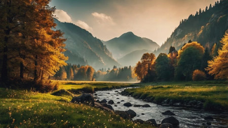 Beautiful autumn landscape with a mountain river in the Carpathiansの写真素材