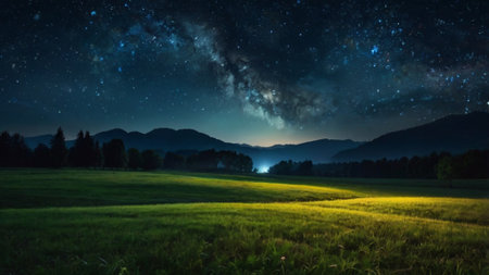 Milky Way over a green meadow in the mountains at nightの写真素材