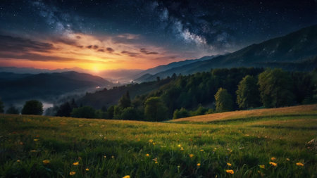 Beautiful summer landscape in the mountains at night with stars and cloudsの写真素材