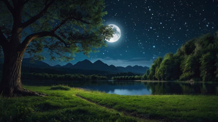 Beautiful night landscape with moon and starry sky over the lakeの写真素材