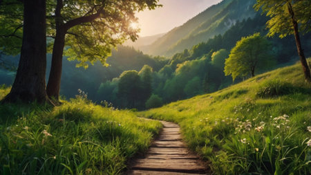 Beautiful summer landscape in the mountains. Wooden path in the forest.の写真素材