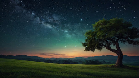 Beautiful starry sky with milky way and tree in the fieldの写真素材