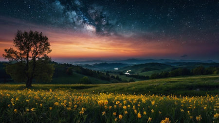 Beautiful summer landscape with starry sky and milky way.の写真素材