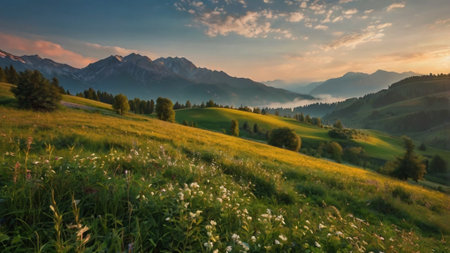 Panoramic view of alpine meadow at sunset. Beautiful nature landscape.の写真素材