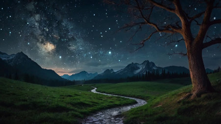 Milky way in the mountains. Night landscape with a mountain river.の写真素材