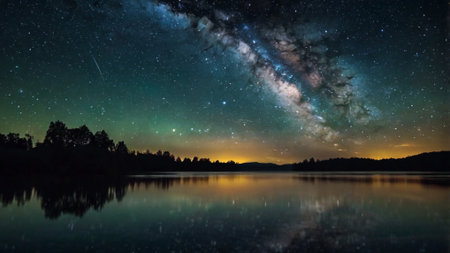 Milky Way over lake and forest at night with reflection in waterの写真素材