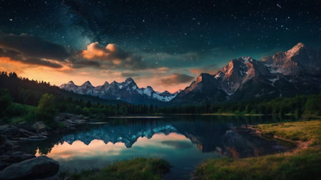 Fantastic night landscape with mountain lake and starry sky.の写真素材