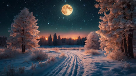 Winter landscape. The road in the forest at night under the moonlight.の写真素材