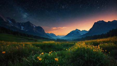 Panorama of the beautiful alpine meadow under the starry sky