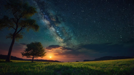 Milky Way over a green meadow at sunset. Nature composition.の写真素材