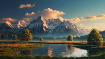 Mountain landscape with lake and forest at sunset. Digital painting.の写真素材