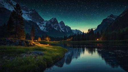 Mountain lake at night with starry sky and reflection in waterの写真素材