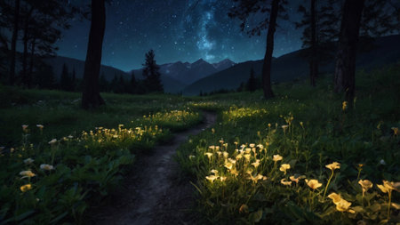 Milky way in the mountains. Starry sky, stars and yellow flowersの写真素材