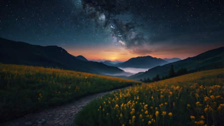 Milky Way over the field of yellow wildflowers and mountainsの写真素材