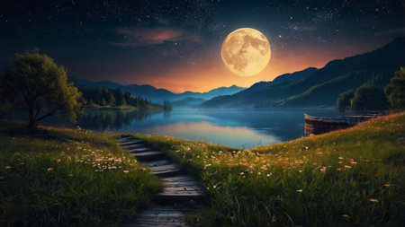 Landscape of mountain lake at night in full moon light. Wooden path leading to the lake.の写真素材