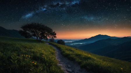 Landscape with a starry sky over the mountains and a lonely treeの写真素材