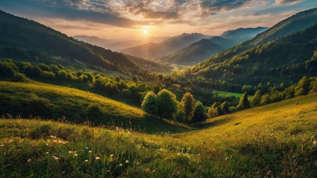 Sunset in the mountains. Beautiful summer landscape. Carpathian, Ukraine, Europe.