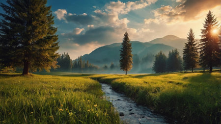 Sunset in the mountains. Panoramic view of the forest and meadow.の写真素材