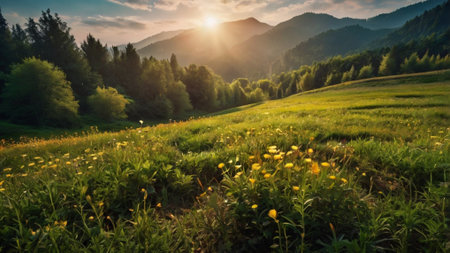Meadow in the mountains at sunset. Carpathians, Ukraineの写真素材