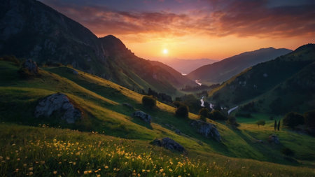 Sunset in the mountains. Landscape in the Carpathians.