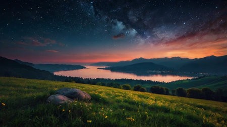 Beautiful summer landscape with starry sky and lake at night.の写真素材
