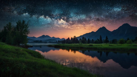 Fantastic starry night landscape with lake and mountains reflected in waterの写真素材