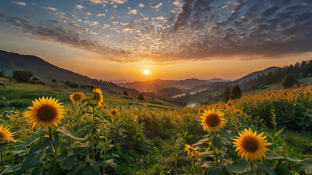 Sunflower field at sunset in the Carpathian Mountains, Ukraineの写真素材