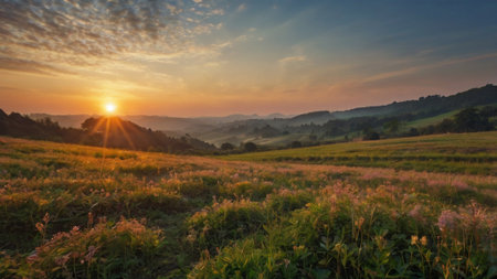 Beautiful sunset in the mountains. Summer landscape with meadow and sunの写真素材
