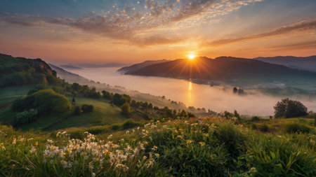 Foggy morning in Carpathian mountains. Ukraine, Europe.の写真素材