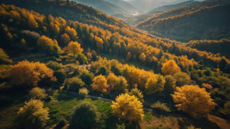 Aerial view of autumn forest in mountains. Beautiful nature landscape.の写真素材
