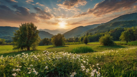 Sunset over green meadow with wildflowers and trees in mountains.の写真素材