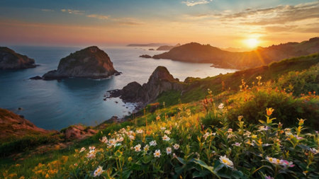 Panoramic view of the coast and the sea at sunset. Beautiful landscape.の写真素材