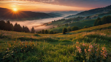 Foggy morning in the Carpathian mountains, Ukraine.の写真素材