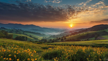 Sunset in the mountains. Panoramic view of meadow with sunflowersの写真素材